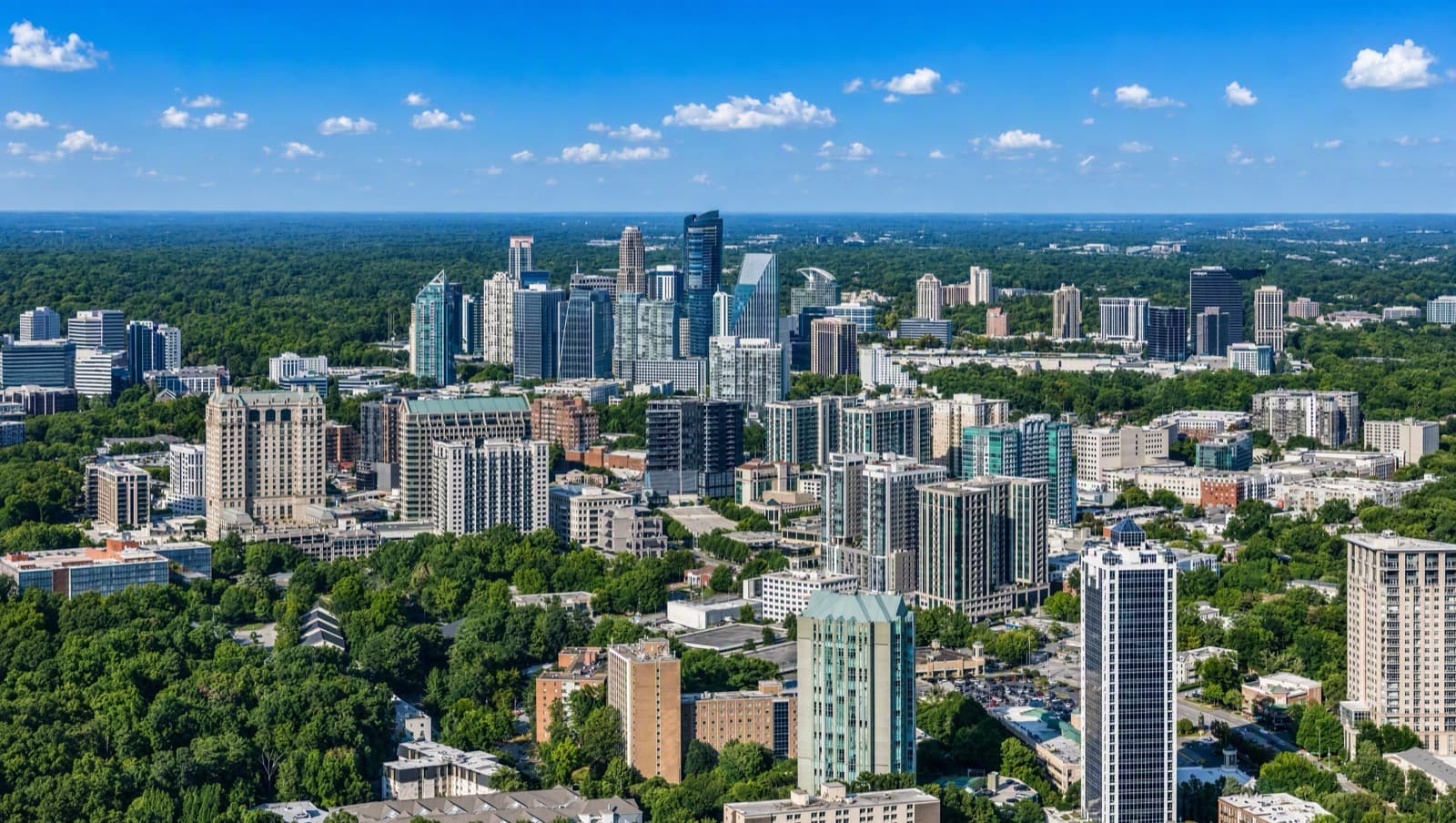 Aerial view of Buckhead and its tree-lined neighborhood