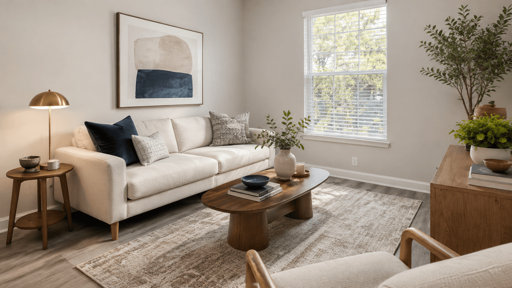 Virtually staged living-room concept based on a Buckhead Flats one-bedroom photo and published floor-plan reference